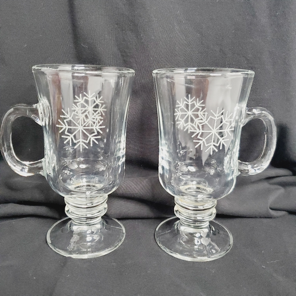 Libbey Vintage Snowflake Holiday Footed Clear Glass Cups Mugs Set of 2